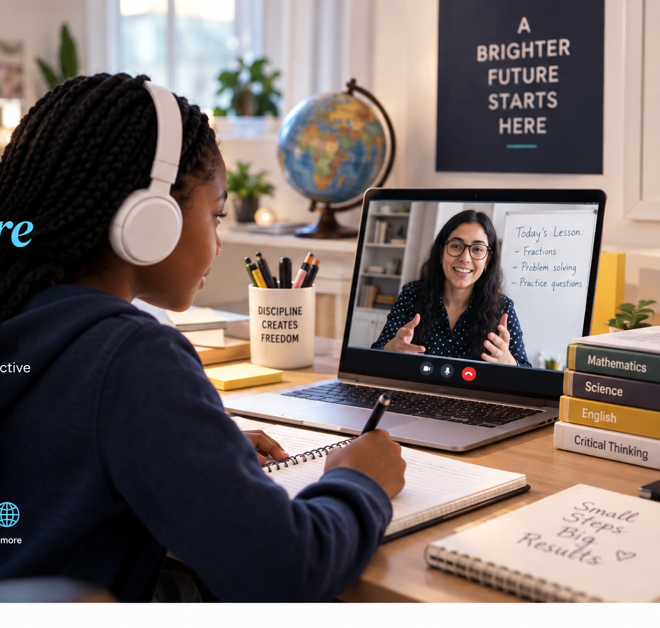 Student studying at home with a tutor teaching live online from a laptop